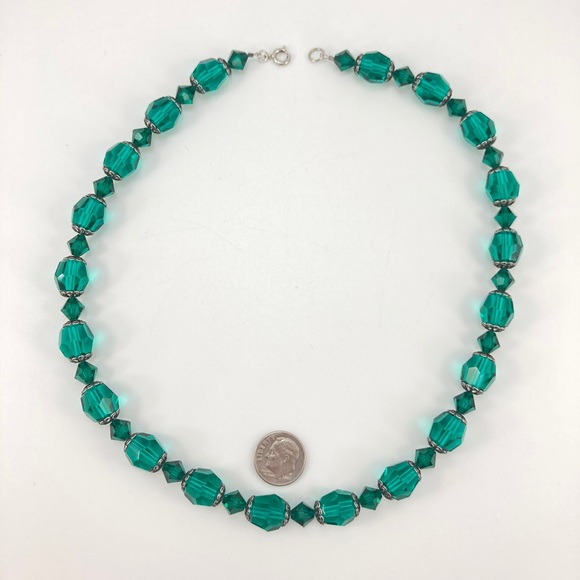 Vintage Crystals Necklace, Teal Blue, Restrung, Filigree, Gothic, Medieval Core - Picture 4 of 5